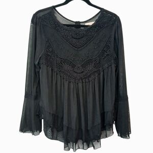 Altar’d State Womens Black Medium Sheer Bell Sleeved Layered Blouse Lace Mesh